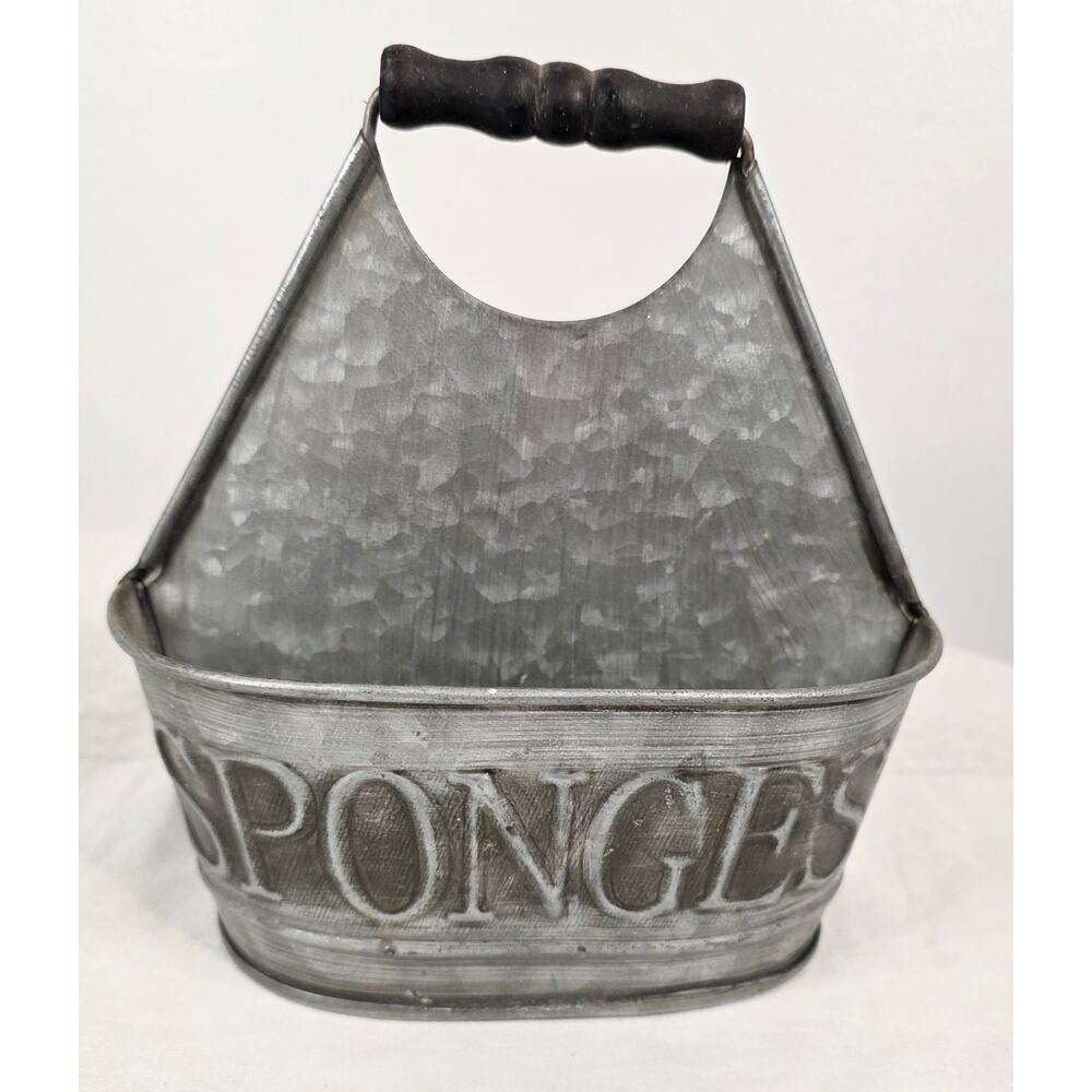 Galvanized Sponge Caddy Wood Handle 2 Compartments 7" Wide 7" Tall Rustic